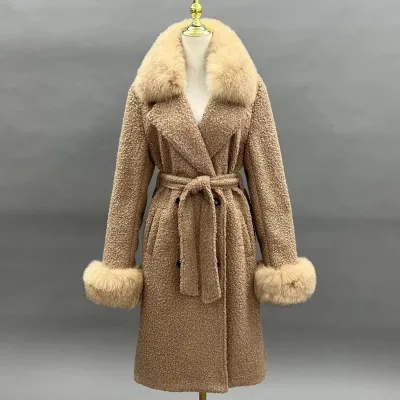 Long Warm Natural Fox Fur Collar Cuffs Double Faced Wool Coat Elegant Woolen Coat for Women