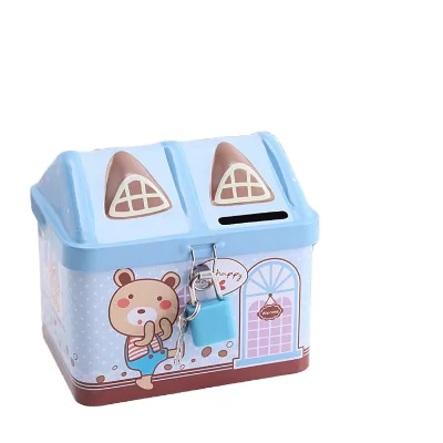 Small Cartoon Bear House-Shaped Metal Piggy Bank Cute for Kids Number Patterned Storage Unit