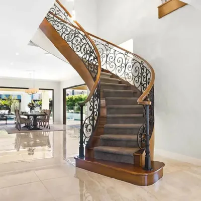Customized Indoor Carbon Steel Powder Coating Double Stringer Red Oak Wooden Treads Wrought Iron Railing Curved Helical Stairs