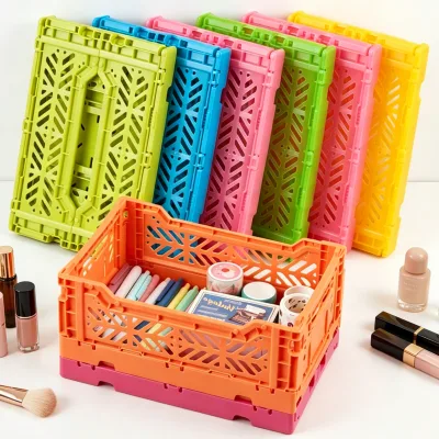 Vibrant Foldable Storage Basket | Space-saving Stackable Plastic Crate | Multi-use Organizer for Home Closet & School Dorm