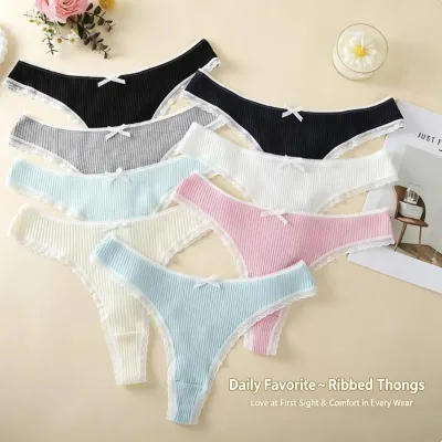 Women Ribbed Cotton Triangle Thong Panties Sexy Low Rise Lace Edge T-back Underwear Solid Color Daily Intimate Lingerie