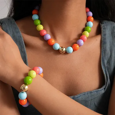 Rainbow Candy Bead Geometric Design Simple Bohemian Acrylic Bracelet Adjustable Adjustable Vacation Style Charm Necklace