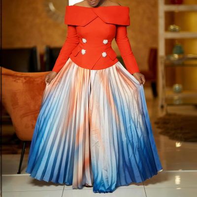 Trendy African Outfit Elegant Off Shoulder Long Sleeve Top Tie Dye Long Pleated Bohemian Skirt Two Piece Sets for Women Clothing