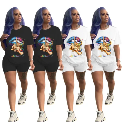 BR4039 Fashion Casual Solid Color Lip Printing Short Sleeve Two-piece Set Women