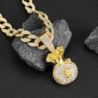 Money Bag Pendant Charms Oval Cut Gold Plated Silver Rhinestone Punk Zinc Alloy Link Chain Unisex CNAS Certified Trendy Party