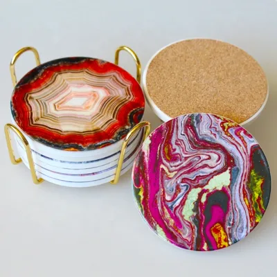 6 Pieces Marble Pattern  Ceramic Coasters Absorbent Stone Coaster with Cork Base in Metal Holder