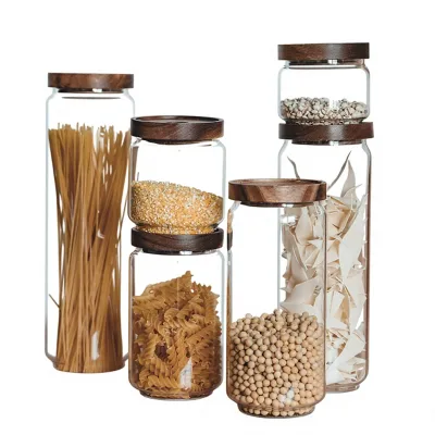 Coffee Bean Airtight Circle Glass Jar Kitchen Storage Container Acacia Wood Handle for Cereals Dried Fruits Tea Microwave Safe