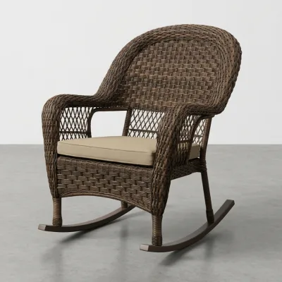 Brown PE Rattan Outdoor Rocking Chair with Beige Cushion for Patio Garden