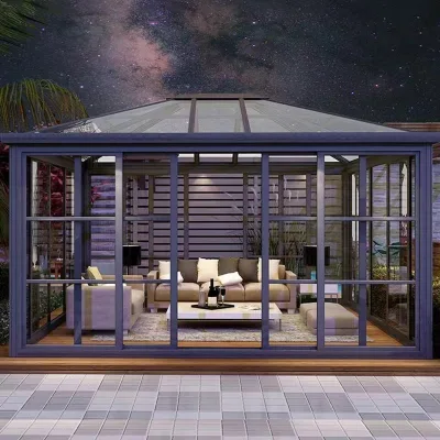 Brand New High Quality Modern Double Hipped SLANT Roof Aluminum Alloy Tempered Glass Sunroom Solar Powered Eco Friendly Design