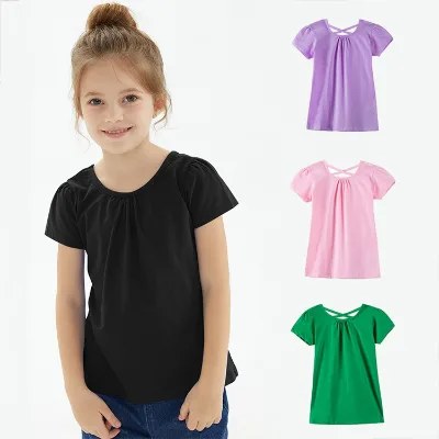 Summer Girls Cross Back T-Shirts 100% Cotton Custom Plain Blank Girls Puff Sleeve T-Shirts
