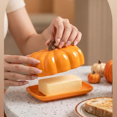 Ins Creative Cute Unique Pumpkin Orange Ceramic Butter Dish Plate Cheese Box Tableware for Home Restaurants Kitchen