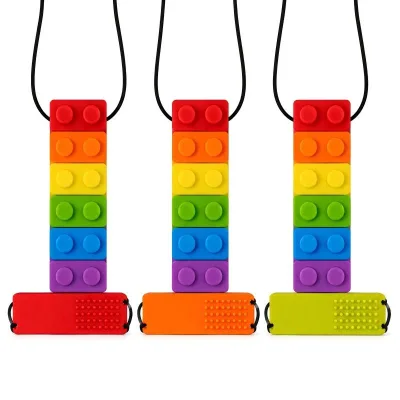 BPA Free Multicolor Building Block Silicone Baby Teether Anti-lost Chew Necklace Infant Teething Relief Oral Training Chew Toy