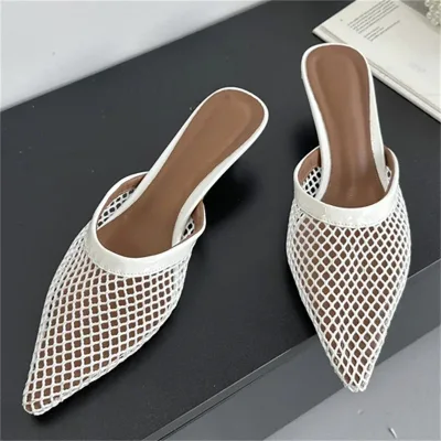 Summer Fashion Hollow Mesh Rubber Outsole Pull-On Women Slippers Sandals Pointed Toe Thin Low Heels Slingback Mules