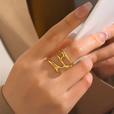 Hip Hop Fashion Personalize Wholesale Stainless Steel Gold Silver Layer Open Irregular Ring