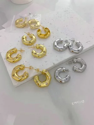 Hammer Shiny Zircon CC Shape Brass 18K Gold & Rhodium Plated Cuff Earrings for Unisex
