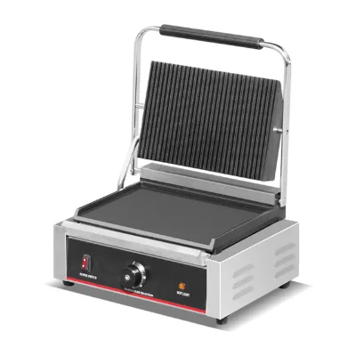 Commercial Electric Contact Grill 2-in-1 Double Plate Panini Sandwich Press Beef Steak Machine Full Grooved Full Flat PTFE
