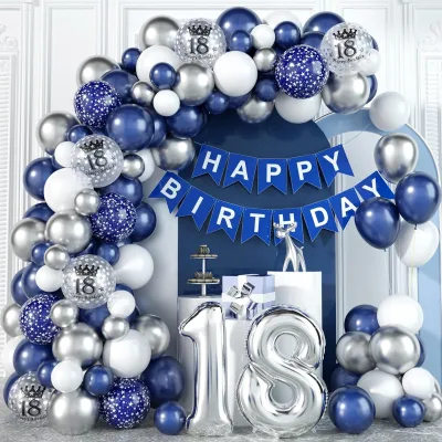 Happy Birthday Navy Blue White Metallic Chrome Silver Thickened Latex Balloon DIY Garland Arch Kit For 18th Birthday Party