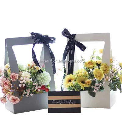 Wedding Gift Paper Box With Handles Flower Packaging Custom Logo White Black Pink Fresh Flower Paper Boxes