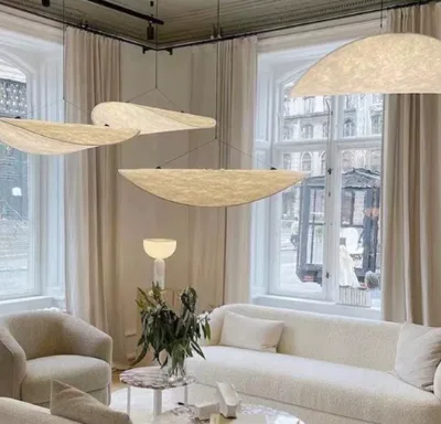 Nordic Vintage Style Simple Living Room Indoor Deco Wabi-Sabi Silk White Fabric Chandelier Pendant Light