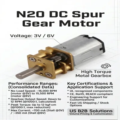 Heavy Duty N20 Micro DC Motor with All-Metal Spur Gearbox 3V 6V Low Noise Miniature Gear Motor