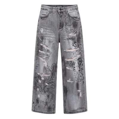 DIZNEW Printed Jeans Grey Washed Baroque Floral Circuit Print Left Pixel Glitch Art Right Heavy Rip Raw Hem Gothic Custom OEM