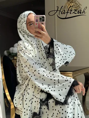 Hafizah White Black Polka Dot Muslim Abaya Long Sleeve Lace Trim Modest Dress Prayer Wedding Party Wear