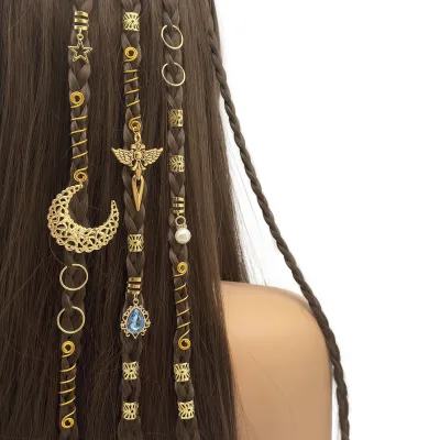37pcs Hair Charms Pendant Set Gold Alloy Moon Angel Sword Pearl Ring African Dreadlock Braid Decor Haarschmuck Dreadlock