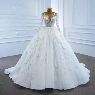 2024 Luxury Classic Ball Gown Long Sleeved Plus Size Satin Lace-Up Back Princess Style Wedding Dress with Big Tail