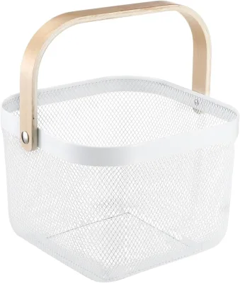 Wholesale Countertop Metal Picnic Fruit Food Metal Wire Mesh Storage Basket with Wooden Handle