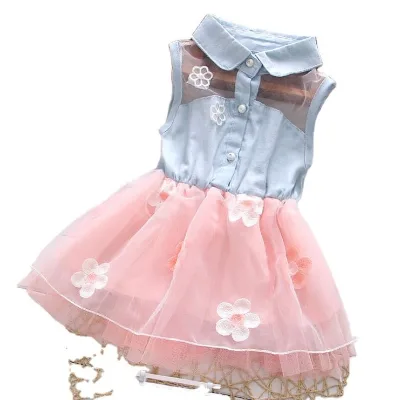 Wholesale Summer a Lace Flower Pattern Sleeveless Baby Cute Bow Twirl Girls Dresses