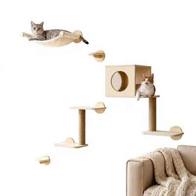 Cat Wall Shelves 5-in-1 Set Beige | Stable Birch Multi-Layer Board Wall-Mounted Furniture Set Kitty Climber Hammock