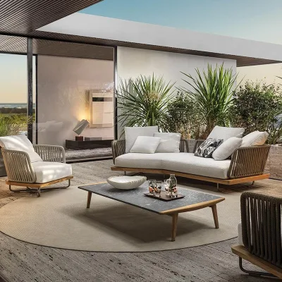 High End Modern Outdoor Customization Villa Garden Sofa Rope Woven Furniture Poolside Teak Frame Set Living Room Courtyard