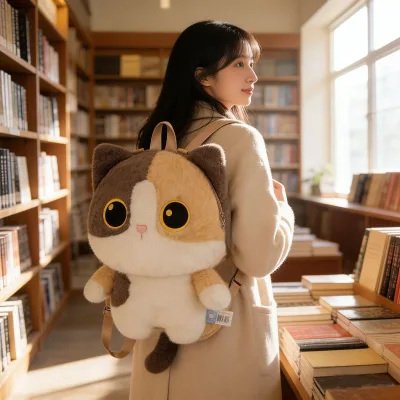 New Style Standing Posture Adorable Cat Plush Backpack Student Daily Commuting Bag Birthday Gift Large Capacity
