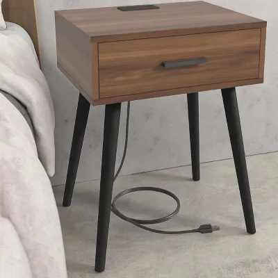 BIEN Modern Mid Century Nightstand One Drawer Charging Station Pine Wood Legs Premium Matte Black Handle Home Bedroom Living