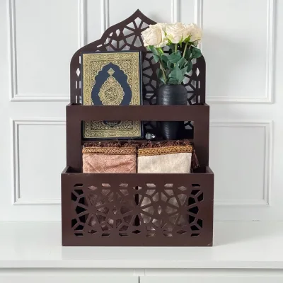Islamic Prayer Mat Storage Box Organizer Wooden Quran Book Holder Mihrab Design Sajadah Case Muslim Home Decoration