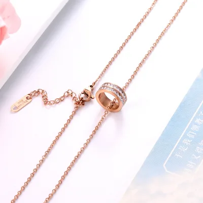 Luxury Stainless Steel Necklace Dainty Double Row Ring Pendants Zircon Quadrate Zodiac Necklaces Women Rose Gold