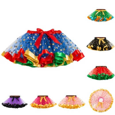 Sweet Polka Dot Mini Bow Lace Sequin Tutu Dress Baby Girls Star Ballet Three-Layer Tulle Princess Dress