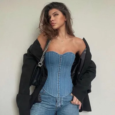 Fashion Tight Corset, Casual One Shoulder Sexy Denim Split Chest Wrap, Summer Street Fashion Vest, Women's Denim