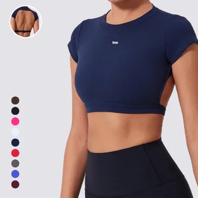 Custom logo Hollow Out Back Cropped Compression Shirt Shorts Sleeves Yoga Shirts