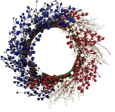 Artificial Berry Wreath 4th July Patriotic Wreath Foam Berry Star Front Door Red White Blue Berries Independence Memorial Day