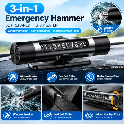 3-in-1 Car Emergency Hammer with Hidden Phone Number Display, Window Breaker & Seat Belt Cutter Safety Tool