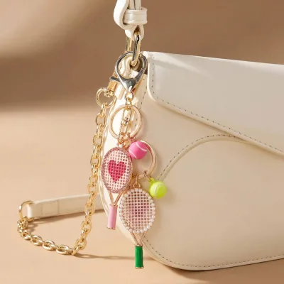 New Arrival Sweet Heart Tennis Racket Bag Charm Pearl Design Cute Girly Style Keychain Fashion Bag Pendant Accessories for Women