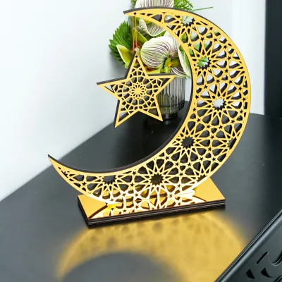 Hot Selling 3D Acrylic Wooden Tabletop Holiday Decoration Golden Mirror Star Crescent Desktop Ornament