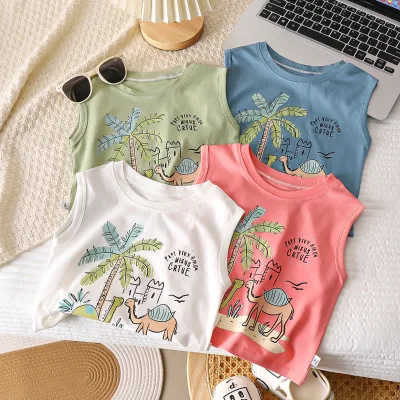 Unisex Pure Cotton Moisture-wicking Breathable Sleeveless Vest Summer Loose Fit Cartoon Printed Crew Neck Multi-color Outerwear