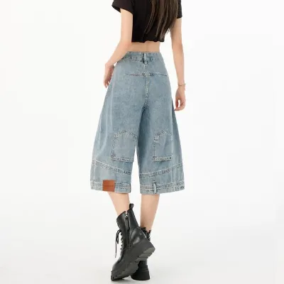 Women's Jeans High Street Loose Casual Vintage Six Inch Mid Length Pants Polyester and Cotton, Stonewashed Monkeywash