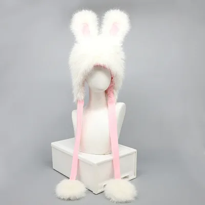 White Soft Plush Rabbit Hat Fluffy Fur Bunny Ears Hat