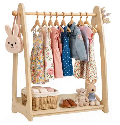 High Quality Natural Wood Kids Clothing Rack Wooden Montessori Toddler Clothes Rack Kids Dress up Rack for Girls Boys