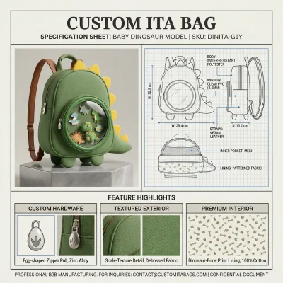 Premium Prehistoric Animal Shaped Ita Bag Clear PVC Window Vegan Leather Straps Durable Merch Holder Unique Gift Daypack