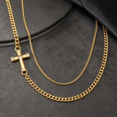 Wholesale 18K PVD Gold Plated Stainless Steel Layered Snake and Cuban Chain Necklace CZ Side Cross Accent Waterproof for Women
