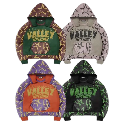 Premium Quality Screen Print Graphics Hooded Windproof Placket Design Hood Sleeve Star Patterns Printed Mens Fleece Hoodie